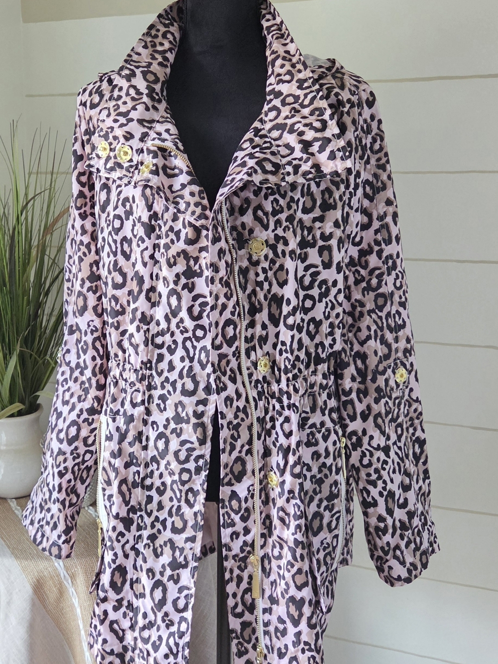 Nikki Jones L Leopard Print Rain Jacket Hooded Anorak Parka Cinch Waist Trench